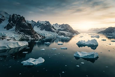 Icebergs floating in still dark water along an Arctic Greenland coastline under a low golden sun.