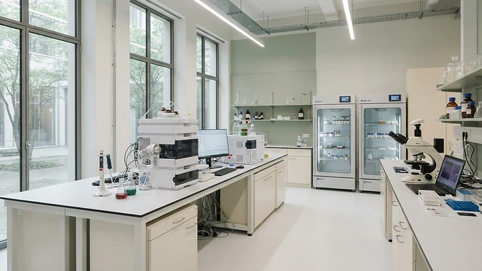 Bright analytical laboratory with chromatography equipment, stability chambers, and a microscope
