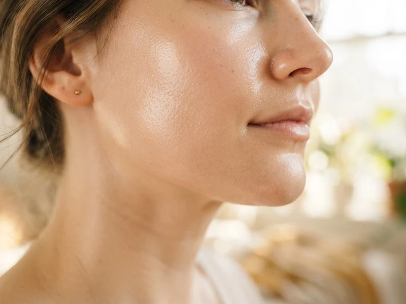 Close-up of luminous, dewy, healthy skin in soft golden natural light