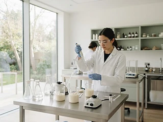 Lab technician formulating a skincare emulsion in a bright laboratory with glass beakers