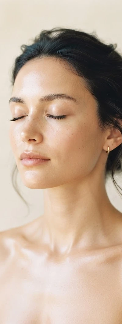 Serene portrait of a woman with luminous skin, eyes softly closed, in warm natural light