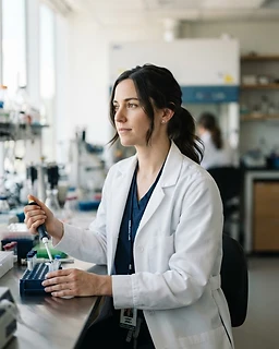 Lab technician in a crisp white coat looking off-camera in a bright laboratory