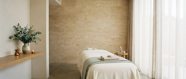 Calm spa interior with travertine walls, a linen treatment bed, and daylight through sheer curtains