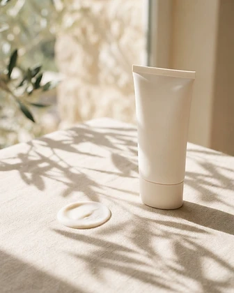 Matte ivory tube of Daily Mineral SPF beside a swatch of lotion in dappled sunlight