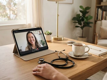 Home desk with tablet, stethoscope and tea in morning light