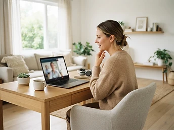 Person on a video consultation in a bright minimalist living room