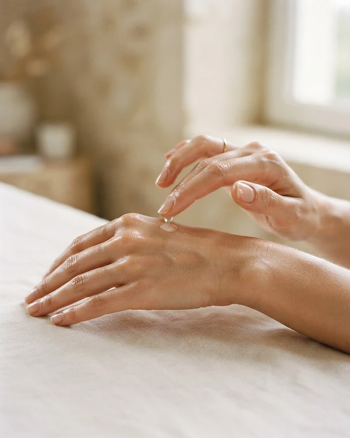 Hands gently applying a drop of clear serum to the back of the hand in soft window light