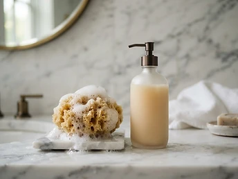 White foam lather on a sea sponge beside a frosted body wash bottle