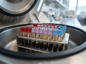 Rows of laboratory sample vials in a clean rack