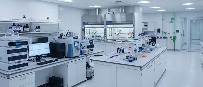 Modern analytical chemistry laboratory with advanced instrumentation and clean white surfaces