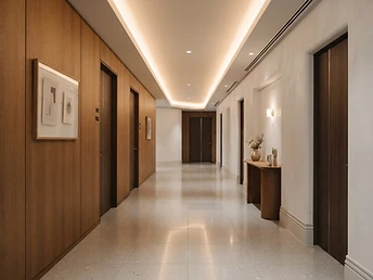 Serene modern clinic hallway with warm wood and soft light
