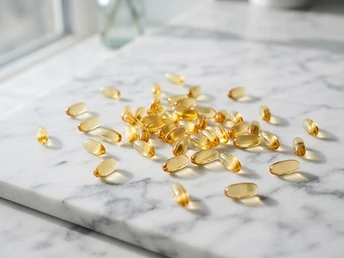 Golden omega-3 softgel capsules on white marble