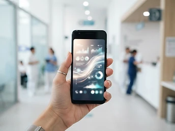 Hand holding a smartphone with a softly glowing health interface