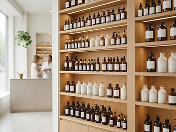 Minimal pharmacy shelving with neatly arranged bottles
