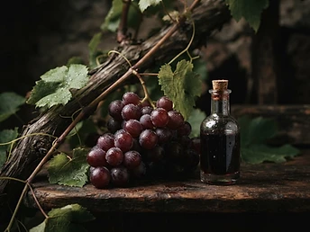 Dark red grapes on the vine beside a small glass vial