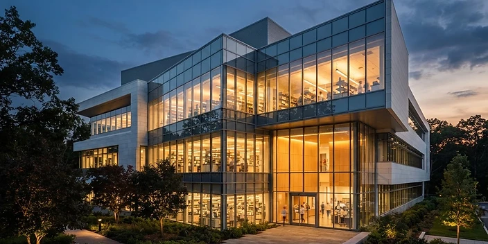Modern biotech research laboratory building at dusk