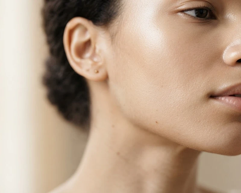 Extreme close-up of luminous, hydrated skin on a cheek and jawline in soft editorial light