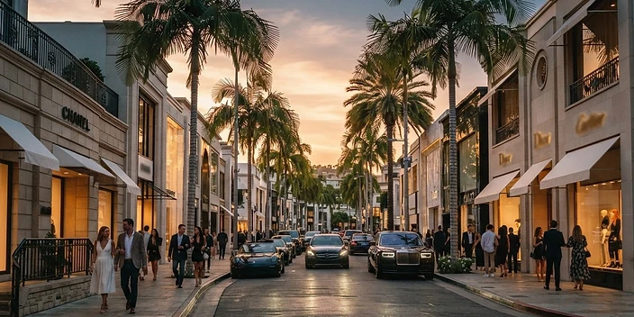 Palm-lined luxury boulevard in Beverly Hills at golden hour
