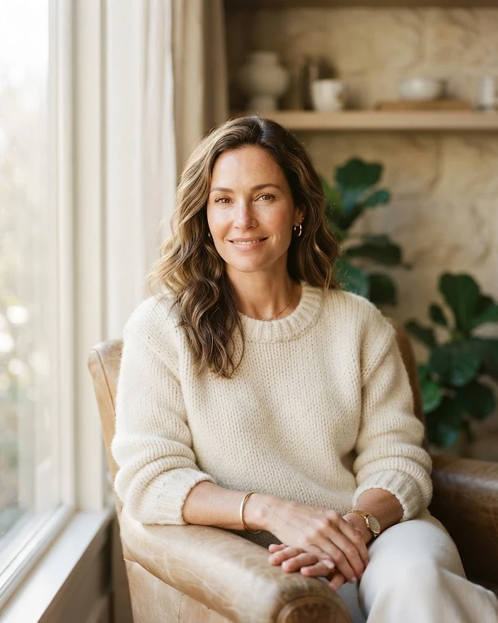 Editorial portrait of a poised woman with radiant natural skin in soft window light