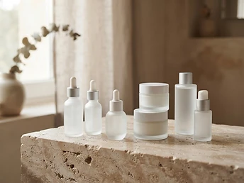 Frosted glass skincare bottles and jars on travertine stone