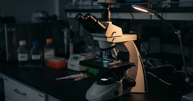 Modern research microscope in a clean laboratory under focused lighting
