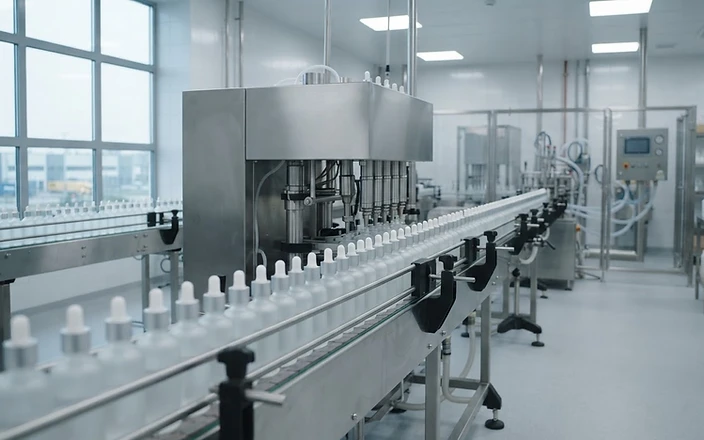 Clean cosmetic manufacturing room with rows of blank frosted glass bottles on a stainless steel line