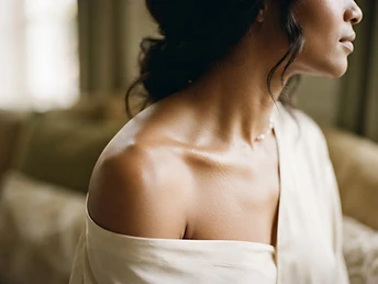 Close-up of shoulder and collarbone with glowing skin in sculptural light