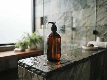 Amber glass shampoo bottle on a wet stone ledge in a spa bathroom
