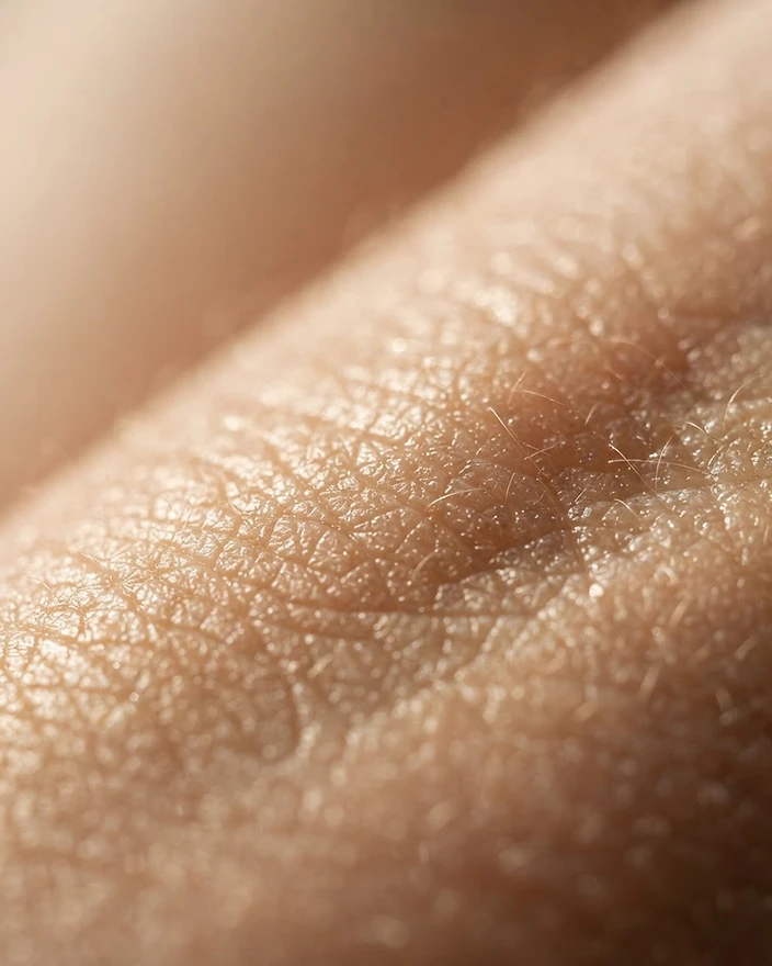 Macro photograph of human skin surface texture, luminous and dewy in warm beige tones
