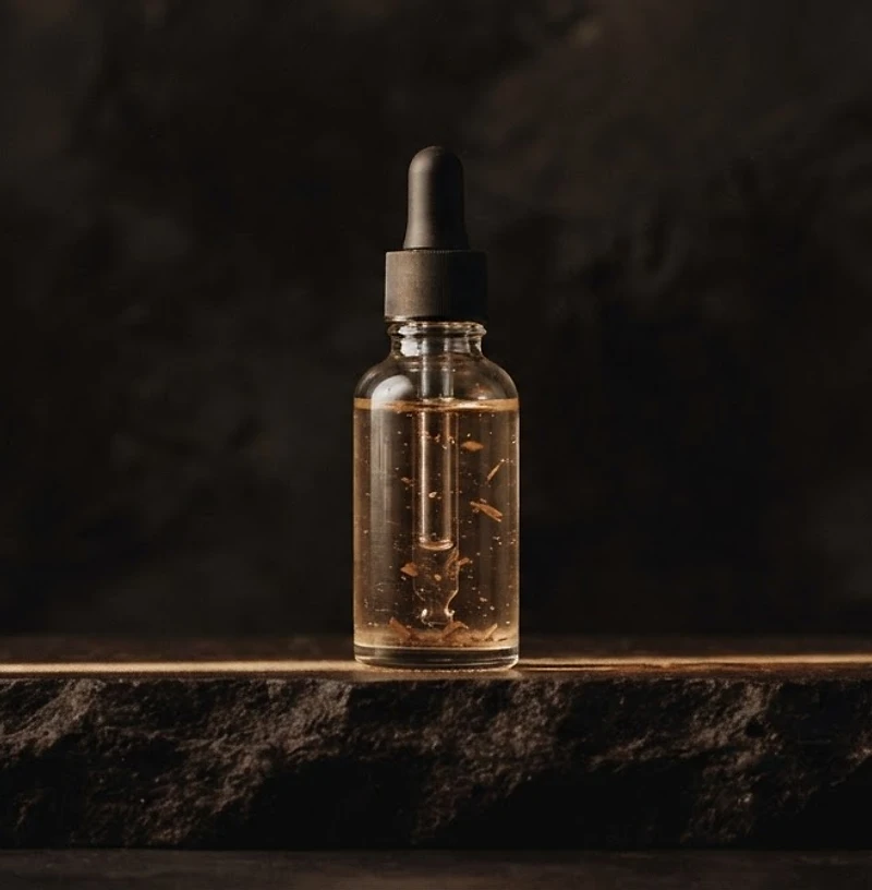 Clear glass skincare bottle on a dark stone plinth lit by a thin line of champagne light