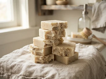 Stack of handmade ivory bar soaps on linen