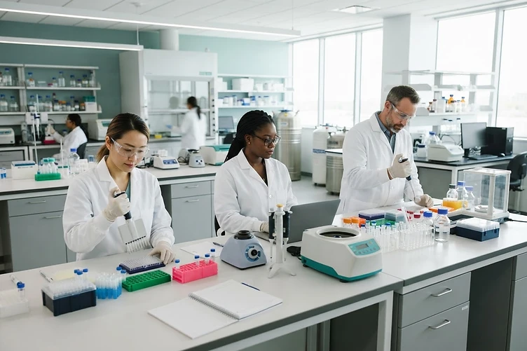 Three researchers in white coats working at laboratory benches with pipettes and instruments