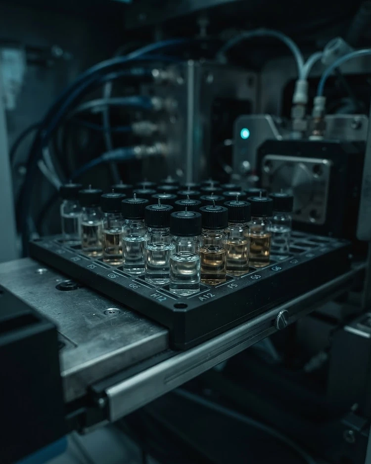 Close-up of an analytical instrument's sample tray loaded with vials in the laboratory