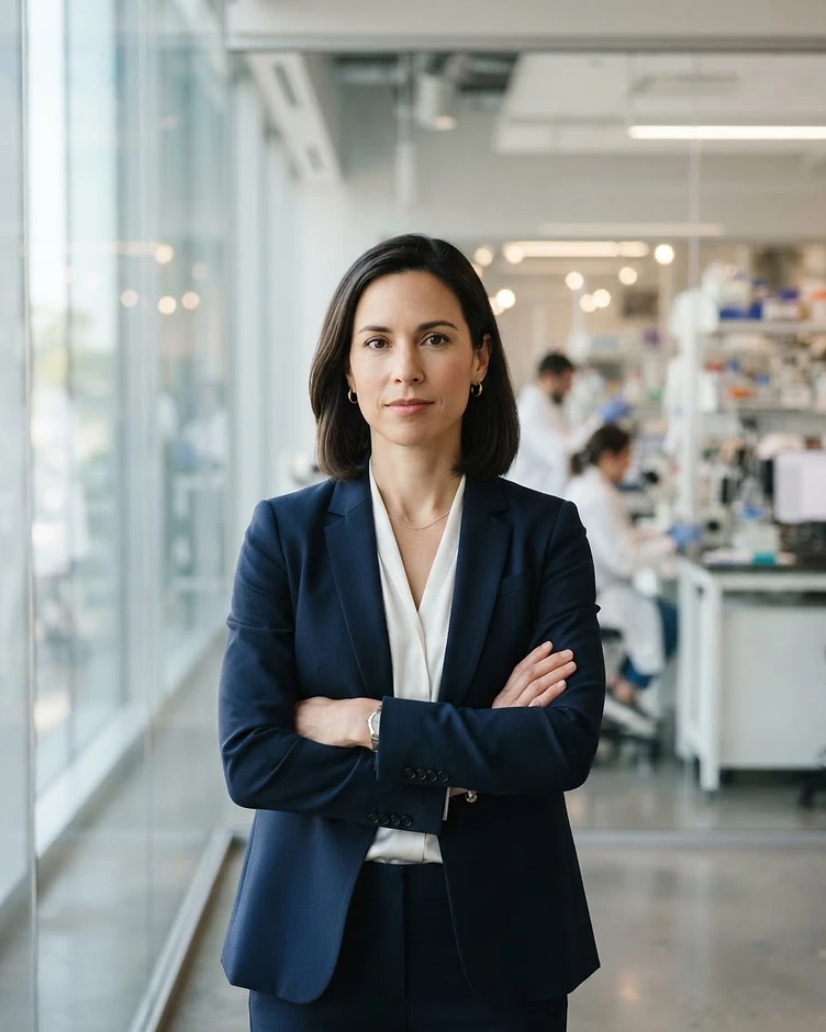 A business professional standing confidently in a bright laboratory office with glass walls