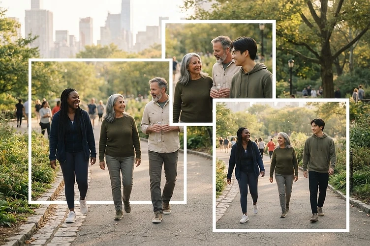 A diverse group of adults of different ages walking together outdoors in morning light