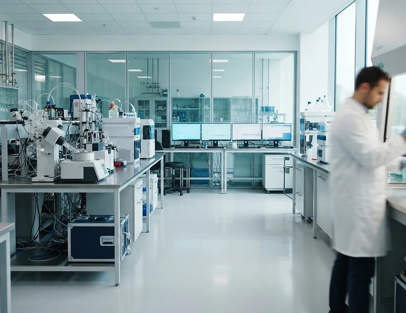 A modern analytical laboratory with glass partitions, precision instruments, and a researcher working in the background