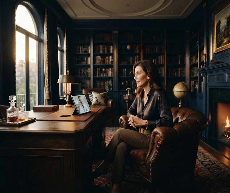 A woman in an elegant home library on a calm video consultation with a physician