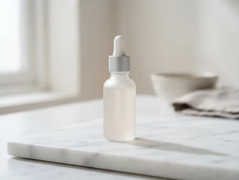 A frosted skincare bottle on marble