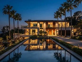 A Beverly Hills estate at dusk framed by palms