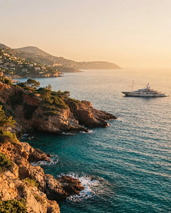 The French Riviera coastline at golden hour with a yacht on the Mediterranean