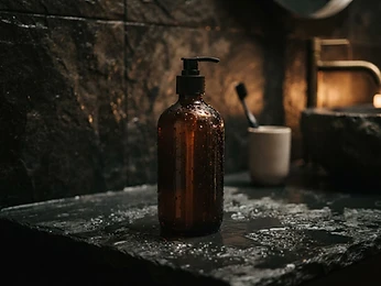 An amber shampoo bottle on wet stone