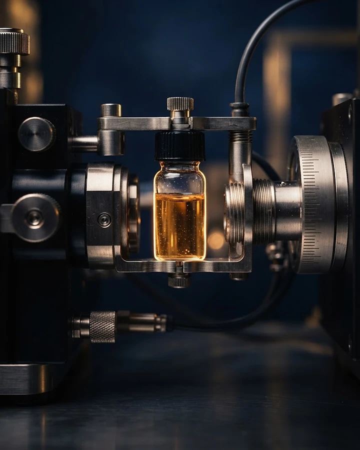 Macro view of precision stainless steel analytical instrumentation and a glass sample vial