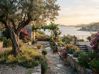A Mediterranean olive garden terrace at sunrise
