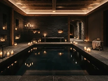 A candlelit spa plunge pool in dark stone