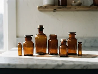 Amber apothecary bottles on white marble