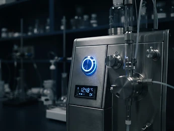 Close-up of a stainless steel laboratory analyzer