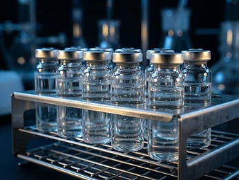 Glass sample vials in a steel rack