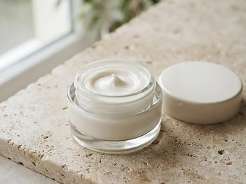 An open jar of cream on travertine