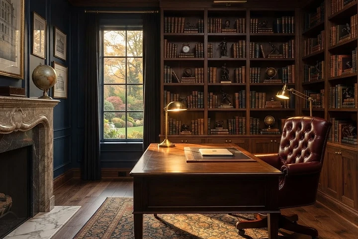 A well-appointed private study with a walnut desk and brass lamp, the kind of setting a consultation might take place in
