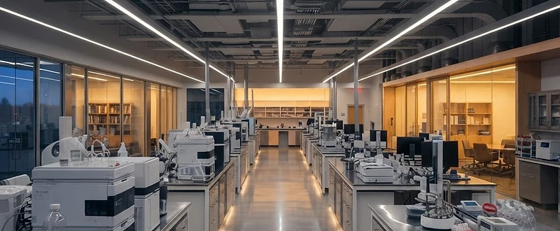 A modern analytical laboratory with rows of advanced instruments